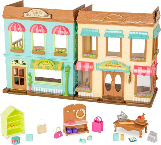 Li'l Woodzeez – Honeysuckle Square Market & Shopping Playset with 24 Pieces, Miniature Animal Figures & Accessories for Imaginative Play, 3+ Years