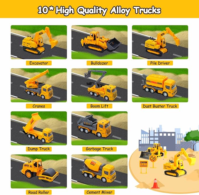 iGRATENS Construction Toys with Sound Books - Dig It! Dump It! Build It! Construction Board Book with 10 Buttons & 20 PCS Toys for 3+ Year Old, Great for Little Alloy Truck Lovers Kids