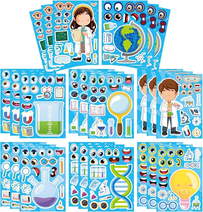 24 Sheets Science Stickers, Make-a-face Sticker for Kids Make Your Own Science Stickers, Laboratory Sticker Decals, Chemistry, Biology, Physics, Classroom Decor for School Teacher