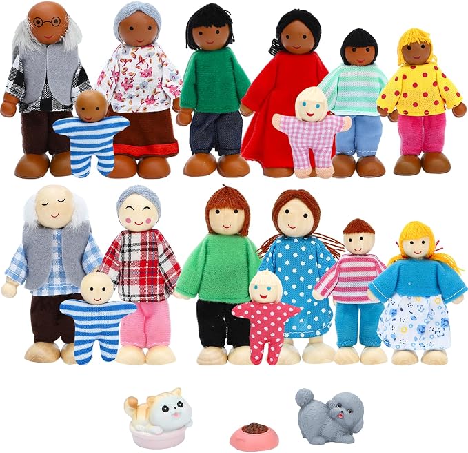 ONEST 19 Pieces Wooden Dollhouse Family Set Mini People Figures Sets Dollhouse Dolls Wooden Doll Family Pretend Play Figures Accessories for Pretend Dollhouse