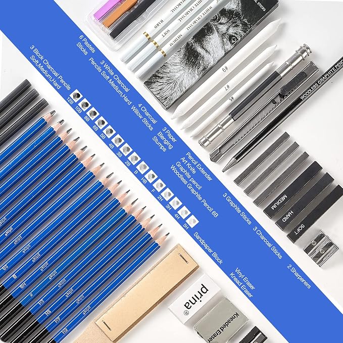 Prina 50 Pack Drawing Set Sketch Kit, Sketching Supplies with 3-Color Sketchbook, Graphite, and Charcoal Pencils, Pro Art Drawing Kit for Artists Adults Teens Beginner Kid, Ideal for Shading, Blending