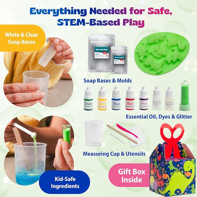 Pinwheel Crafts DIY Soap Making Kit for Kids Ages 5 6 7 8-12+ with Molds, Scents, Dye, Glitter, Foaming Net – Dinosaur Soap Making Kits for Adults Beginners Great for Science Projects and Crafts