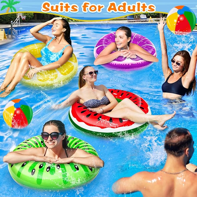 8 Pack Inflatable Pool Floats, Pool Toys for Swimming Pool Party Kids Adults 4 Pcs Fruit Swim Tube Rings & 4 Pcs Beach Balls Pool Floaties Summer Lake Hawaiian Beach Luau Party Decorations Water Fun