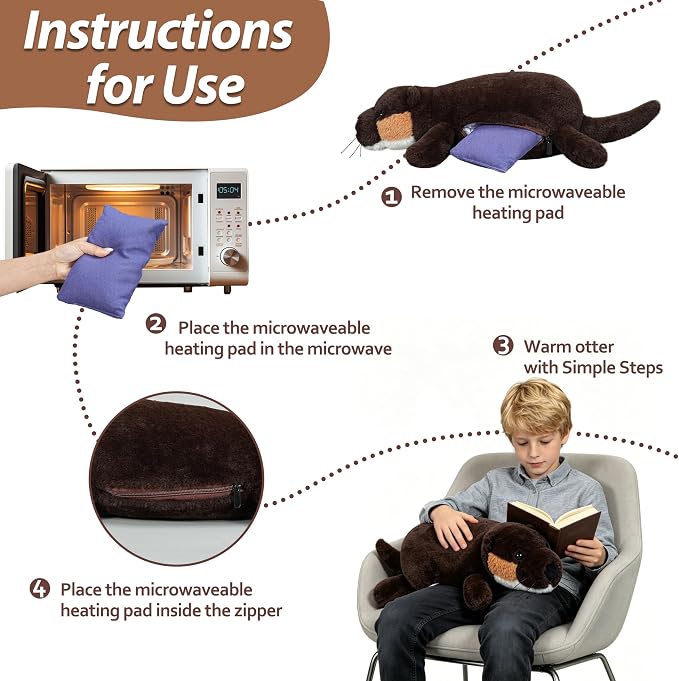 Weighted Otter Stuffed Throw Pillow Soft with Removable Heating Pad, Unscented Heatable & Coolable Otter for Adults (Brown, Large)