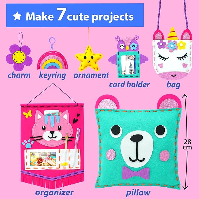 KRAFUN My First Sewing Kit for Beginner Kids Ages 6-12, 7 Easy DIY Projects of Stuffed Animal Dolls & Plush Pillow Craft, Pre-Punched Felt & Instructions, Gift for Girls Boys, Learn to Sew, Embroidery