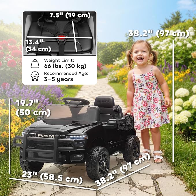 Qaba 12V Kids Ride on Car, Licensed Dodge RAM 3500 Electric Car for Kids with Dual Motors, Parent Remote Control, Rear Suspension, Power Display, Bluetooth Music and LED Lights, Black