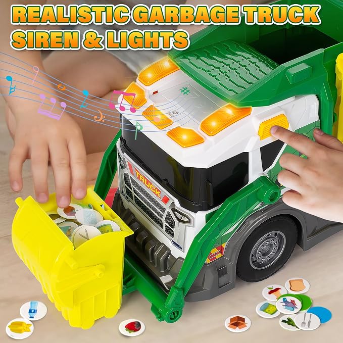 Large Garbage Truck Toy Set for Boys Ages 3 4 5 6 7 8, Kids Trash Truck with Sound, Light, Dumpster, Trash Bins and Learning Cards, Friction Powered Garbage Trucks Christmas Birthday Gifts for Toddler