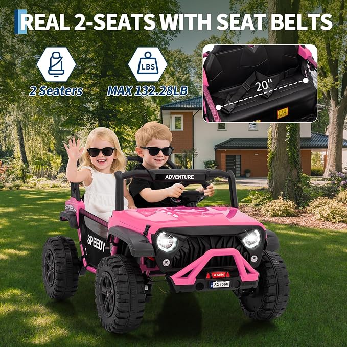 Powerful 24V Ride on Car for Kids, Ride on Truck with Remote Control - 4WD Electric Car, 2 Seater UTV, Spring Suspension, Front & Behind LED Lights, Dual Storage, 3 Speeds, Music,