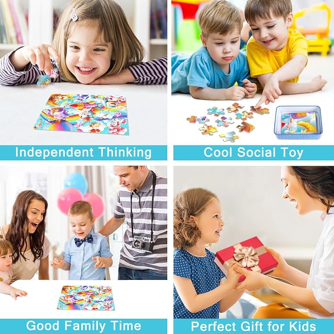 MZZOTOY Rainbow Horse Unicorn Puzzles for Kids Ages 4-8, 60 Pieces Jigsaw Puzzles for Kids Ages 3-5 Puzzle for Girls and Boys Learning Educational Puzzles Toys in a Metal Box