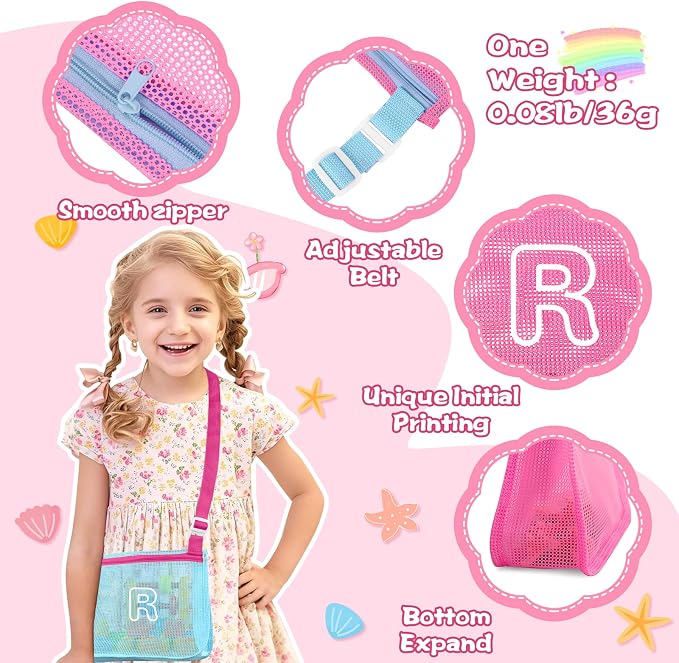 3Pcs Personalized Kids Beach Shell Bag, Initial Seashell Mesh Zipper Beach Pouch, Shell Collecting Bag for Holding Shells with Adjustable Straps, Sand Toys Swim Pouch Gift for Girl Boy Teens(Letter R)