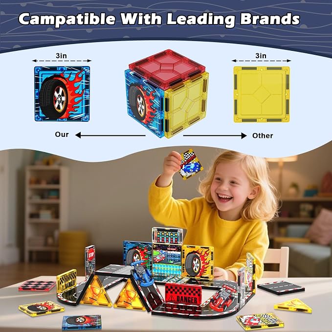 Magnetic Tiles Road Set, Rail Race Track with 2 Racer Cars, Magnetic Car Racing for Kids Ages 3 4 5 6 7 8, Magnet Building Blocks STEM Toy Birthday Gifts for 3＋ Years Old Boys Girls
