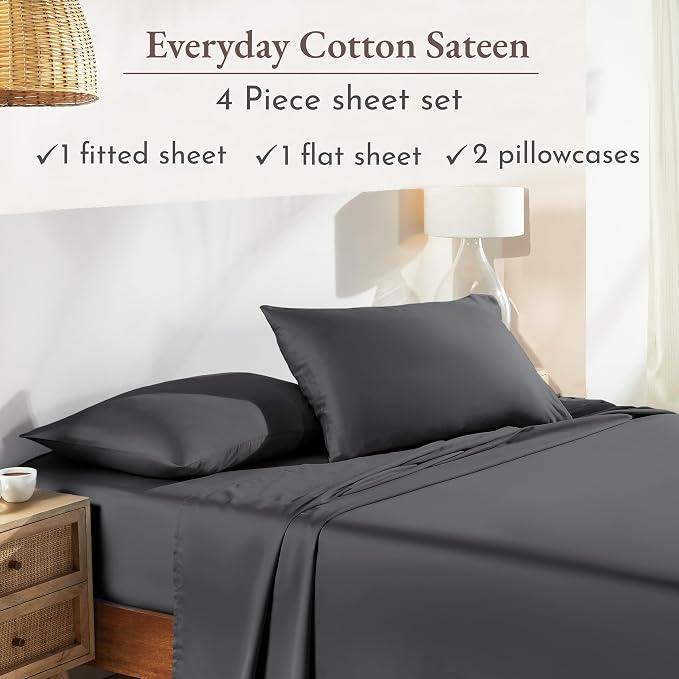 California Design Den Queen Sheet Set - Natural 100% Cotton Sheets Queen Size Bed Set with Deep Pockets, Soft Sateen Weave, Breathable and Durable Bedding Dark Grey (Black Tone)