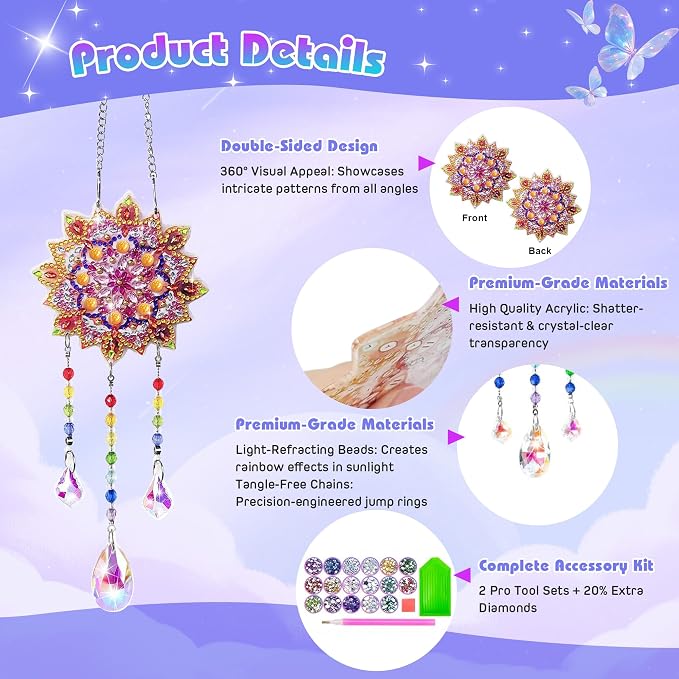 5Pcs Diamond art Kits for Kids/Adults, Crafts for Kids Ages 8-12, DIY Diamond Painting art Wind Chimes Crystal Window Suncatcher Craft, Birthday Gifts for 7 8 9 10 11 Year Old Girls, Home Garden Decor