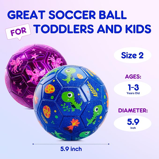 INPODAK Soccer Ball Size 3 Size 2 for Toddlers Kids 1-3 3-8, 1 or 2 Pack Cartoon Small Dinosaur Unicorn Soccer Ball Gifts for Girls Boys, Indoor Outdoor Sports Play Toys Birthday Gifts with Pump