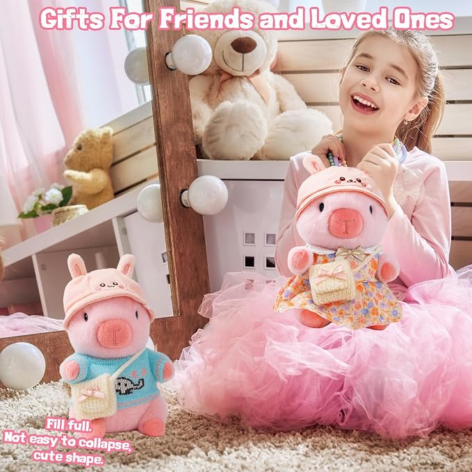 Capybara Plush Toy Capybara Plush with 9 Clothes and Accessories Super Soft Capybara Stuffed Animal for Kids Girls Boys 10.2inch (Cute Dress Capybara)