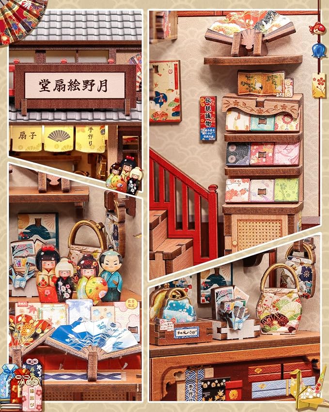 Book Nook Kit - DIY Miniature Japanese Fan House, 3D Wooden Puzzle Dollhouse with LED Lights, Tiny Bookend & Creative Bookshelf Decor, Crafts Gifts for Adults