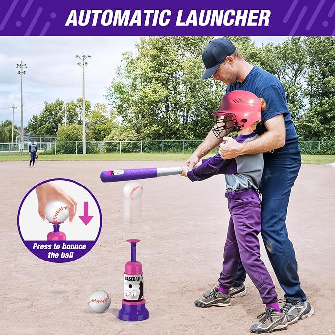 HYES 4 in 1 T Ball Sets for Kids 3-5 with Toss and Catch Ball Set, Hanging Tee Stand with Auto Pitching Machine/ 2 Bats, Indoor Outdoor Toys Baseball Gifts for Toddler Boys Girls, Purple
