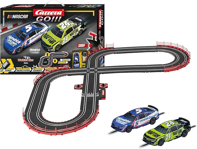 Carrera GO NASCAR Watkins Glen Slot Car Race Track Set – Larson & Byron | Official NASCAR toys racing set. Features 11.8-ft track, lap counter, junction track, Drivers Larson #5 & Byron #24