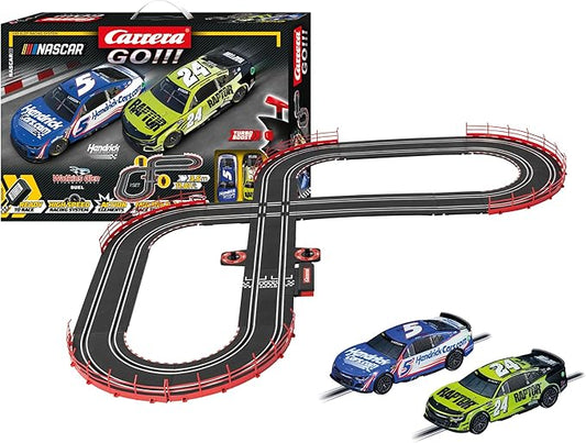 Carrera GO NASCAR Watkins Glen Slot Car Race Track Set – Larson & Byron | Official NASCAR toys racing set. Features 11.8-ft track, lap counter, junction track, Drivers Larson #5 & Byron #24