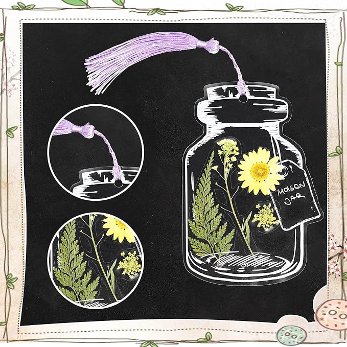 Kaluofan 103PCS Bookmark Making Kit, Transparent Flower Bookmarks, Handmade Dried Flower Bookmark Kit for School, DIY Bookmark Kit with Abundant Bottle Bookmarks Dried Flowers Tassels and Tweezer