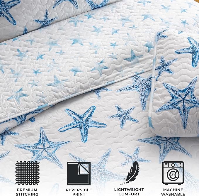 Great Bay Home Coastal Quilt Set - 3-Piece Full/Queen Size Nautical Bedding Set - Lightweight, All-Season, Reversible Starfish Bedspread (Blue)