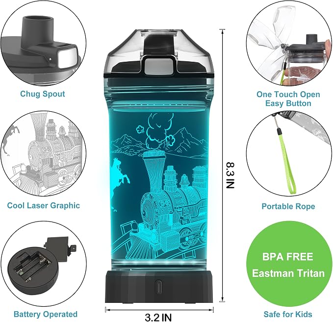 Lightzz Kids Train Water Bottle with 3D Glowing LED Light, Ideal Travel Cup Train Gifts for Back to School Girls Boys Child Holiday Camping Picnic, Light Up Glowing Bottle 14 Oz Tritan BPA Free