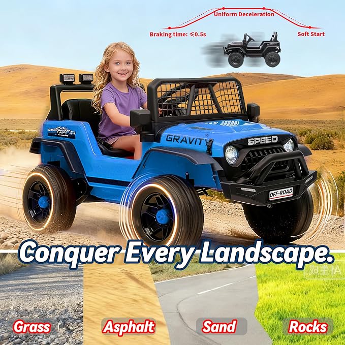 24V Je-ep Powered Wheels w/Remote Control, 4WD Ride on Truck Car, 3 Speed, Bluetooth Music, Wide Seat, Spring Suspension, LED Light, Birthday for Boys Girls Toddler(Black)