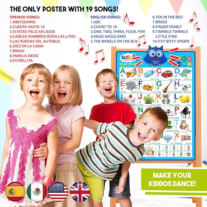 Gufino Alphabet Wall Chart - Bilingual Toys with Interactive Touch Buttons for Independent & Guided Learning - Ideal for Preschool Learning Activities & Spanish Classroom Supplies.