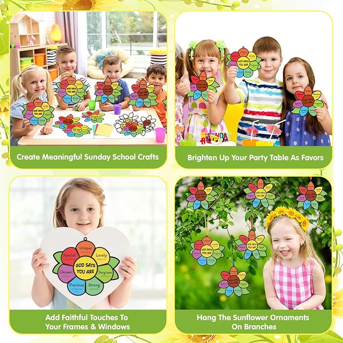 Fennoral 24 Pack Religious Sunflower Crafts for Kids Make Your Own God Says You are Sunflower Suncatchers DIY Christian Bible Verse Ornaments for Sunday School Classroom Activities Church Party Decor