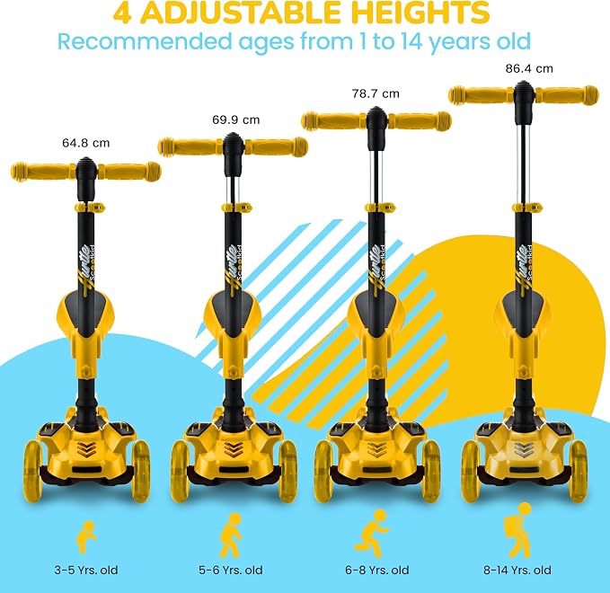 Hurtle 3-Wheeled Scooter for Kids - Wheel LED Lights, Adjustable Lean-to-Steer Handlebar, and Foldable Seat - Sit or Stand Ride with Brake for Boys and Girls Ages 1-14 Years Old