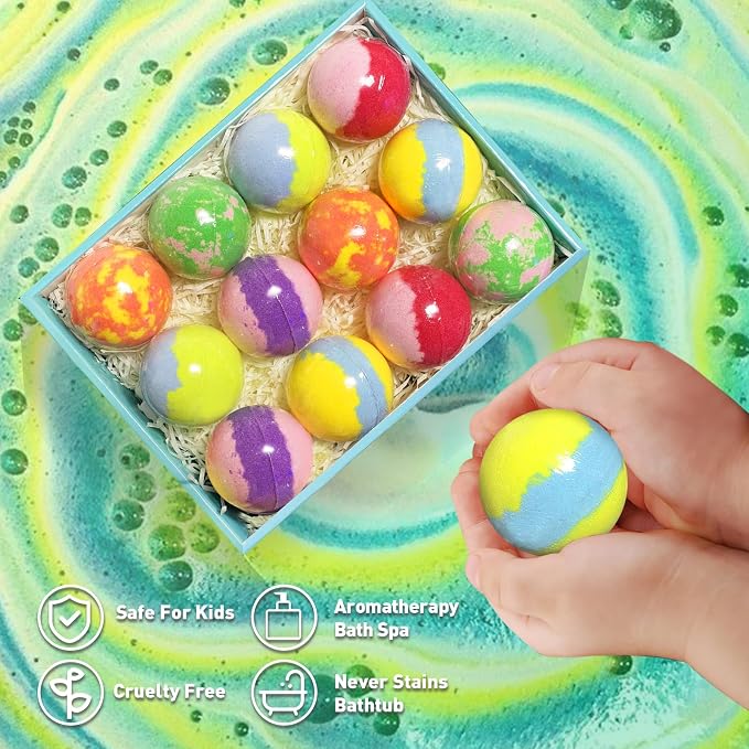 Bath Bombs for Kids with Surprise Inside, 12pcs Bath Bombs with Toys, Organic Colorful Bubble Bath Fizzy Ball, Birthday Gifts Set for Kids, Christmas Party Favor Gift for Boys Girls with Bath Toys