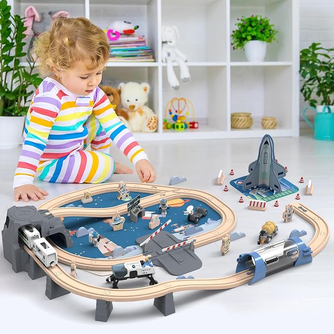 82 Pcs Wooden Train Set for Toddlers, Magnetic Train with Track for Kids Ages 3-6, Compatiable with Major Brands, Space Railway Playset Gifts for Boys and Girls Ages 3+