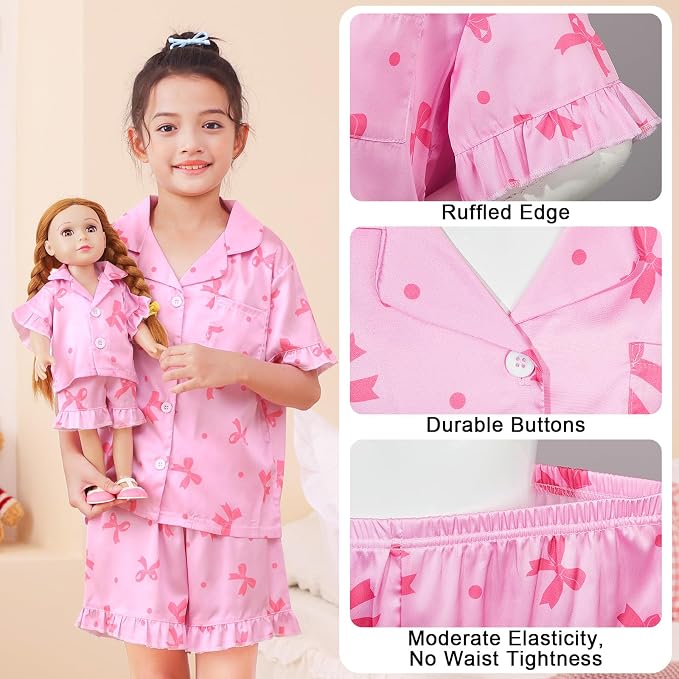 ICOSY Matching Doll & Girls Silk Pajamas Satin Pjs for Girls Button-Down Top and Shorts for 18" Doll Girl Clothes