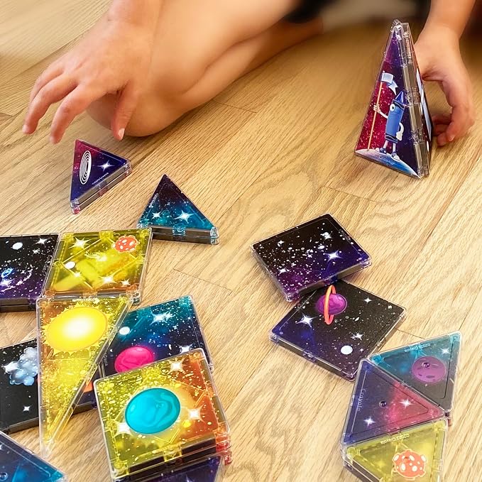 CreateOn Crayola Magnetic Tiles, Building Set for Kids, Magnetic Blocks, Travel Toys, Classroom Sensory Toys, STEM & Montessori Tools for Boys & Girls Ages 3+, 24-Piece Set (Cosmic)