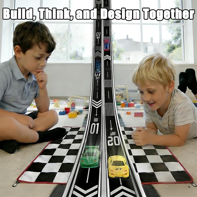 16.4Ft Flexible Race Track for Kids Ages 3+, Patterned Dual-Lane Roll Up Race Track Set with 4 Toy Cars & Suction Cups, Compatible with 1/64 Diecast Cars, Portable DIY Racing Toy (Black)