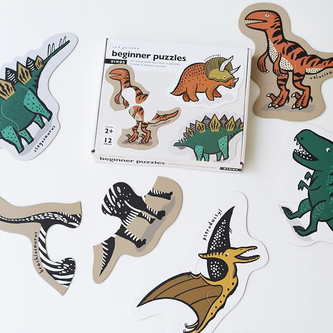 Wee Gallery Dinos Beginner Puzzle - Jigsaw Puzzles for Toddlers - Sensory Toys Promoting Cognitive & Motor Development - Sustainable Learning Toys for Toddler, Kids (12 Pieces, 6 Puzzles)