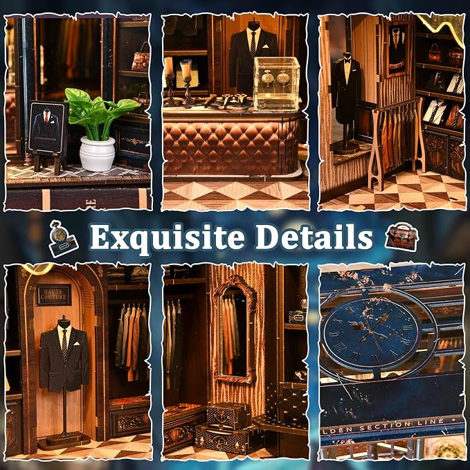 fifijoy DIY Miniature Dollhouse Kit - 3D Wooden Puzzle Book Nook Kit with LED Light, Miniature House Bookshelf Insert Decor for Adults, Creative Gift for Family and Friends (Golden Section Line)