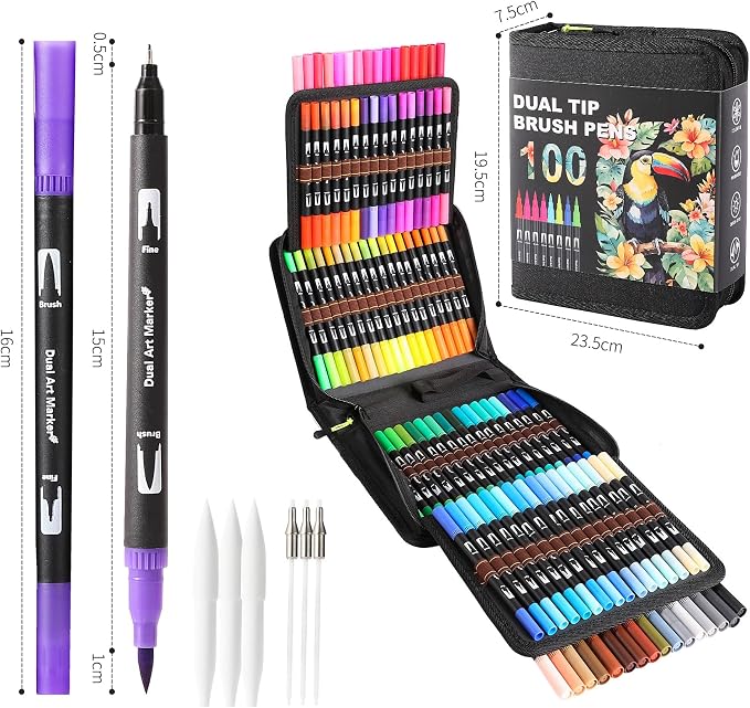 TOSHARE 100 Colors Brush & Fine Dual Tip Watercolor Markers for Adult Coloring Books No Bleeding Paint Pens For Drawing Note Taking Planner Calligraphy Journaling Card Making Back-to-School Supplies