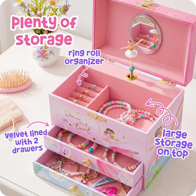 Giggle & Honey Musical Ballerina Jewelry Box for Girls - Kids Music Box with Spinning Ballerina, Ballet Birthday Gifts for Little Girls, Jewelry Boxes, 6.8 x 5.3 x 6 in - Ages 3-10, Pink