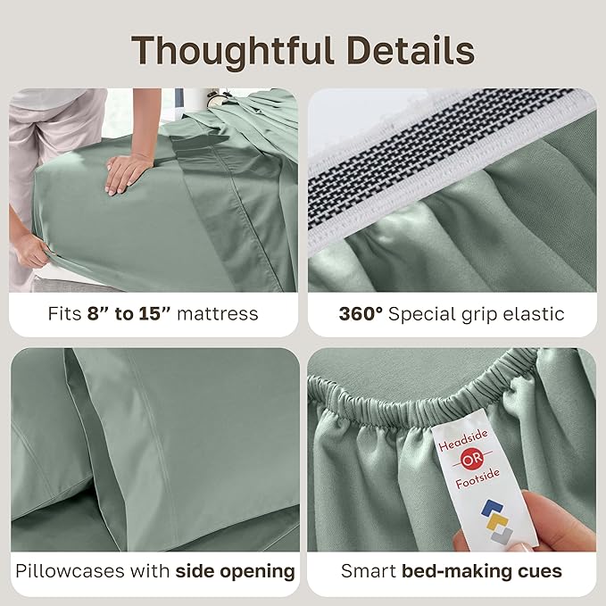 California Design Den King Split Sheets for Adjustable Bed Set - Luxury Hotel 800 Thread Count Sateen, Natural 100% Cotton Bedding Sheets & Pillowcases, Deep Pockets Bedding Set - Sage Green