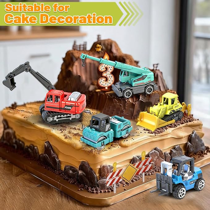 12 Pack Diecast Construction Toys, Mini Colorful Alloy Model Excavator Toy Construction Truck Toys for 3 4 5 6 7 8 Year Old Kids Toddlers, Toy Cars for Kids Birthday Cake Decorations Party Favors