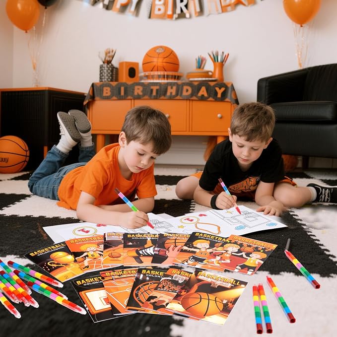 BenLouis 12 Basketball Mini Coloring Books Kids with 12 Stacking Crayons Basketball Party Favors Small Activity Books Bulk for Kids Sports Party Gift Goodie Bag Stuffers
