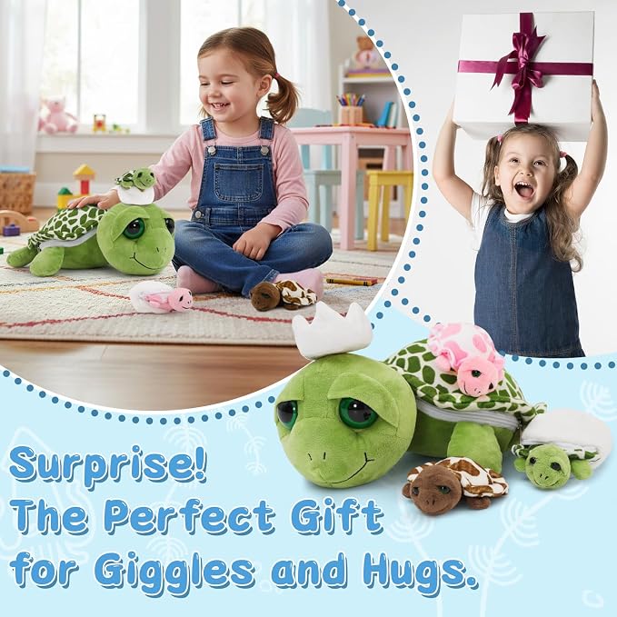 6Pcs Turtle Stuffed Animals with 3 Baby Turtles & 2 Eggs,14" Sea Turtle Plush Pillow Toy with with Zipper Belly, Nesting Ocean Animal Toy for Kids, Birthday Christmas