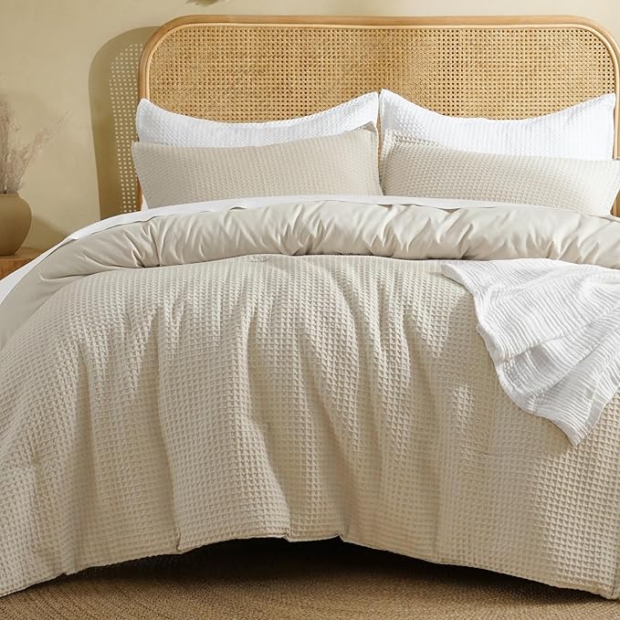 David's Home Waffle Weave Comforter Set 2PCS Twin Size, Soft Breathable Lightweight Cozy Skin-Friendly Warm for All Season, Elegant Aesthetic Home Decor Bedding Set with Pillow Shams, Linen