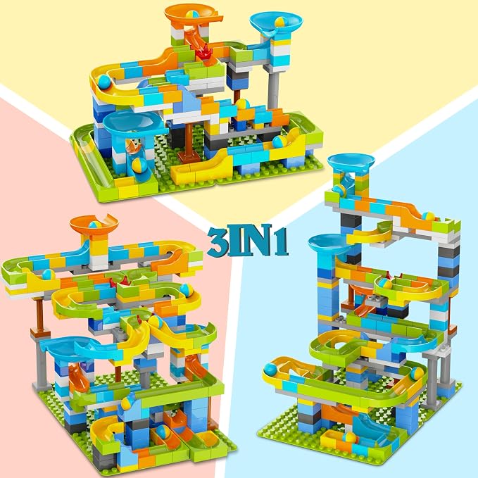 3in1 Marble Runs for Kids 3-5, 203pcs Compatible with LEGO DUPLOS for Age 2-5, Marble Runs for Kids 4-8, STEM Building Toys, Toddler Toy, Marble Track, Marble Run Toy, Montessori Toy Gift for Age 3+