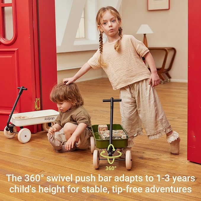 Kidpop Pula-Mini First Wagon for Toddlers, 4-Wheel Baby Pull Toy Cart for Kids Ages 1-3, Indoor & Outdoor Push Walker Toy, Ideal 1 Year Old Birthday Gifts (Green)