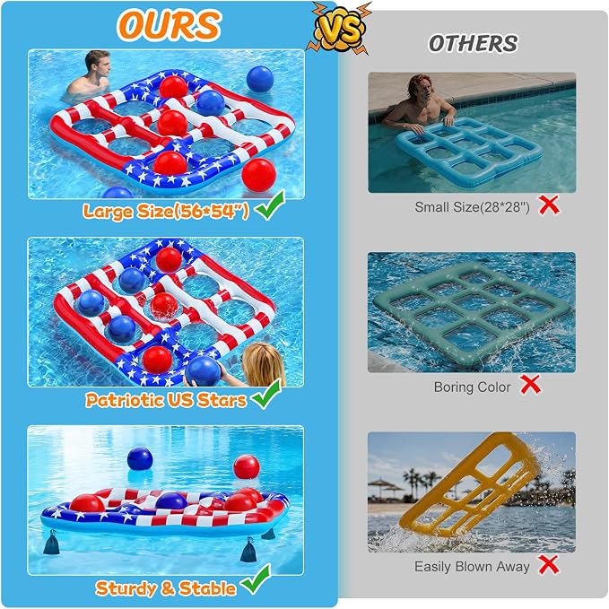 Pool Toys Games for Kids - Inflatable Outdoor Water Toys for Adults and Family Giant US Flag Floating Board Swimming Pool Game Float with 10 Balls Outdoor Beach Toy for Adults Teens Kids