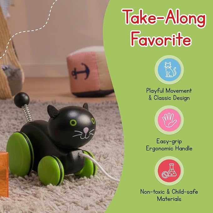 Jack Rabbit Creations- Whiskers The Cat Toddler Wooden Pull Toy- Classic Retro for Toddlers- Durable Construction- Smooth Rolling Wheels- Encourages Imaginative Play-18 Months+