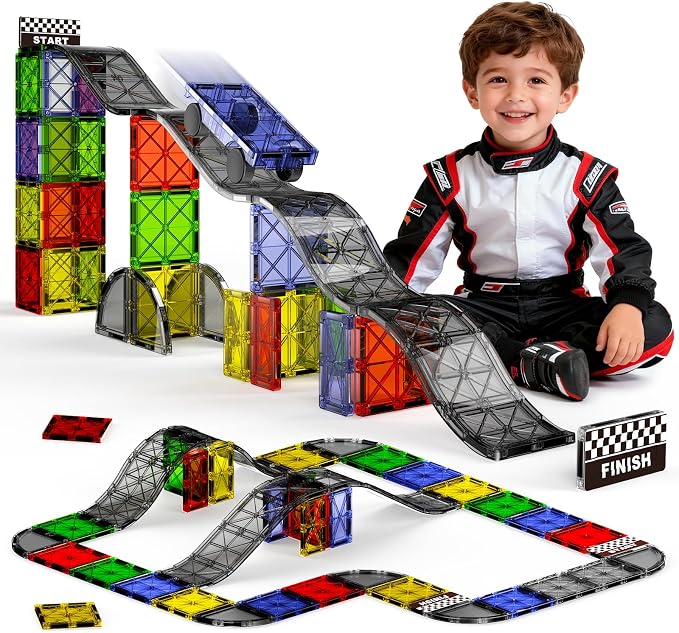 Magnetic Downhill Racer Set 40-Piece with Car & Tracks, STEM Magnetic Tiles Building Toys for Kids Ages 3-8, Montessori Learning Toys with Reinforced Slopes & Loop Pieces