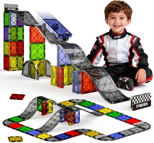 Magnetic Downhill Racer Set 40-Piece with Car & Tracks, STEM Magnetic Tiles Building Toys for Kids Ages 3-8, Montessori Learning Toys with Reinforced Slopes & Loop Pieces